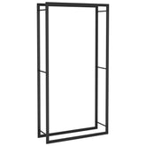 Matt black steel firewood rack with open rectangular frame, 31.5x11x60.6 inches tall.